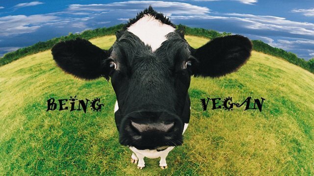 Being Vegan banner featuring a cow