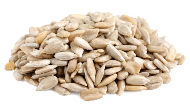 A pile of sunflower seeds against a white background