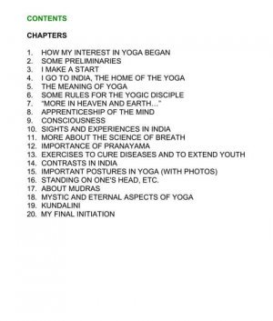 Table of Contents of Yoga Gave Me Superior Health by Theos Bernard