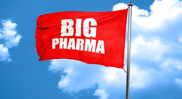Red flag with the words "Big Pharma" saves