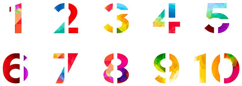 The numbers 1 through 10 in a range of colors