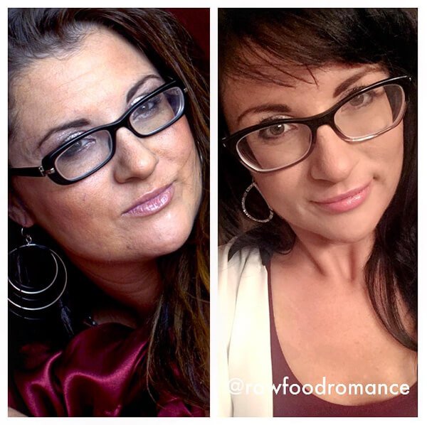 Closeup photographs of Melissa Raimondi before and after going fruit-based raw vegan